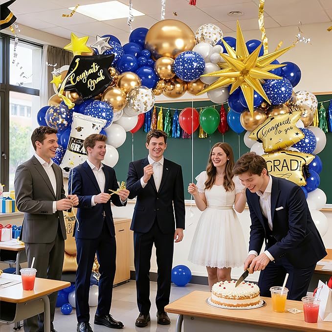 Graduation Balloon Arch Kit 2026 Royal Blue Gold White Graduation Balloons with Explosion Star,Diploma,Trophy,Grad Hat Foil Balloon for Class of 2026 Graduates Celebration Party Decoration(Blue)