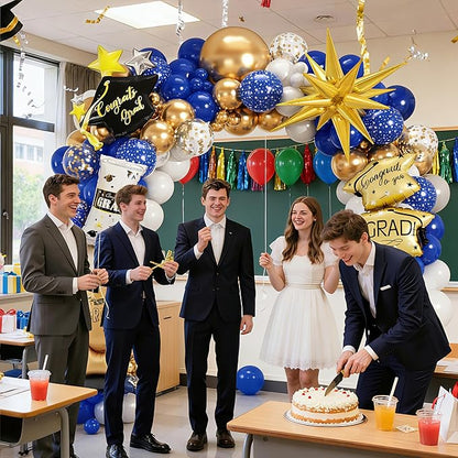Graduation Balloon Arch Kit 2026 Royal Blue Gold White Graduation Balloons with Explosion Star,Diploma,Trophy,Grad Hat Foil Balloon for Class of 2026 Graduates Celebration Party Decoration(Blue)