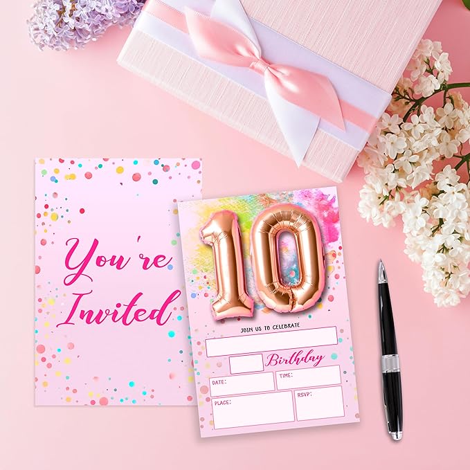 Rose Pink Balloon Birthday Invitations, 10th Surprise Birthday Party Invitations Cards with Envelopes, Confetti Polka Dot Fill-in Invites, 10th Pink Birthday Decorations for Girls -06