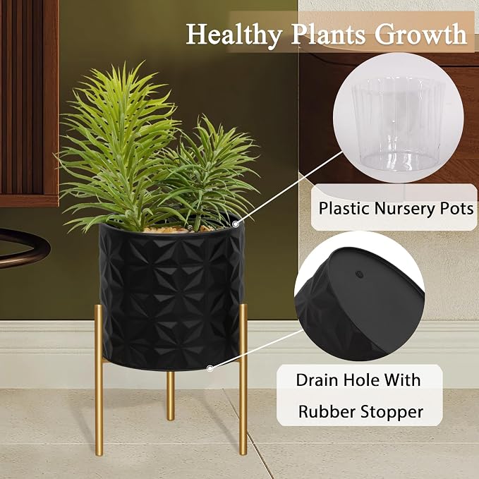 ARNIS Modern Planter Pots, Set of 2 Large Planters with Stand, Decorative Planters, Metal Pots with Drainage Holes for Living Room, Office, Garden or Balcony, 8.25 &10.5 Inch, Matte Black