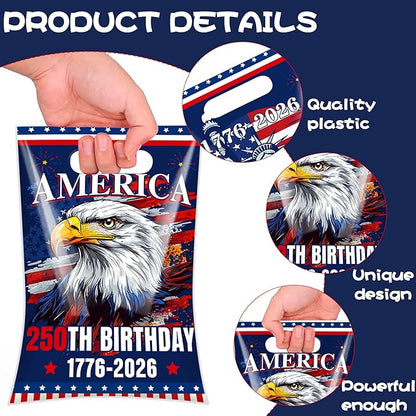 Hokinaa 250th Anniversary Goodie Bag - 50 Pcs 250 Birthday Plastic Merchandise Gift Treat Party Favors Candy Bags Bulk with Handles Patriotic America Decorations Decor Supplies for 4th of July USA