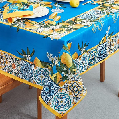 YiHomer Provence Blue Lemon Mediterranean Tile Tabletop for Spring Summer Decorations, Picnics and Dinner Parties - Indoor Outdoor, Stain and Water Resistant, Tablecloth, 52 x 52 Square
