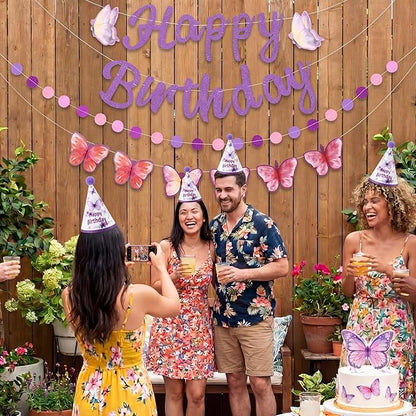 AmazingSpark 25 Pcs Purple Butterfly Birthday Party Set Includes 24 Cone Hats with Pompoms and 1 Happy Birthday Banner for Butterfly Themed Parties Baby Showers Photo Props Decorations