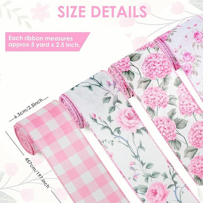 4 Rolls Pink Floral Wired Ribbon Set - 2.5 Inch Wide, 20 Yards Total – Rose Patterned Pink and White Vintage Satin Ribbon for Crafts, Spring, and Floral Decor
