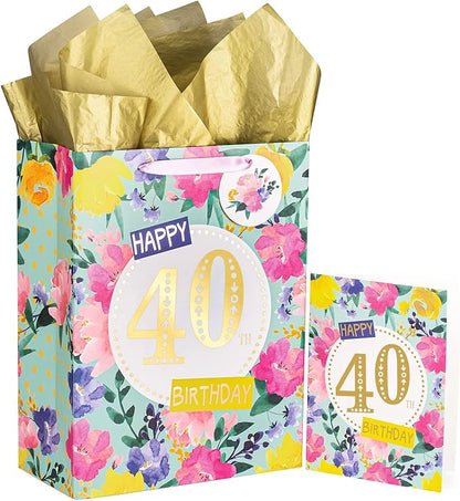 WRAPAHOLIC 13" Large 40th Birthday Gift Bag with Card and Tissue Paper - Floral 40th Birthday