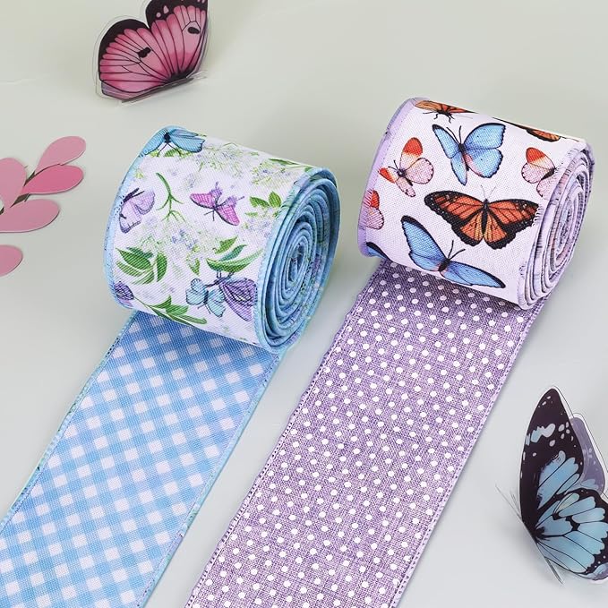 LaRibbons Double Faced Butterfly Wired Ribbon 2 Rolls 2.5 Inch x 12 Yards TTL, Blue and Purple Burlap Spring Ribbon with Plaid and Polka Dot Printed for Crafts Wreath Gift Wrapping Bow Decoration