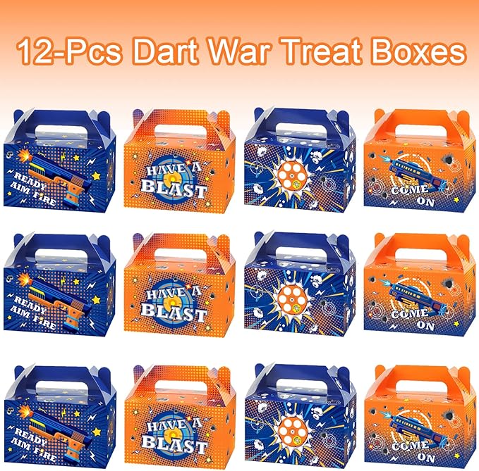12 Pcs Dart War Party Favor Boxes Dart Battle Goodies Candy Treat Boxes Game Dart Theme Gift Bags for Kids Boys Blue and Orange Birthday Party Baby Shower Decorations Supplies 6 x 3 x 3.5 Inches