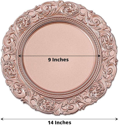 Efavormart Set of 6 ROSE GOLD 14" Round Plastic Charger Plates With Engraved Baroque Design Rim For Wedding Party Events