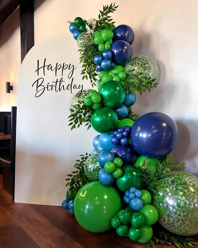Blue and Green Balloons, 60Pcs 12Inch Metallic Navy Blue Metallic Light Green Confetti Balloons for Dinosaur Graduation Baby Shower Birthday Party Decorations