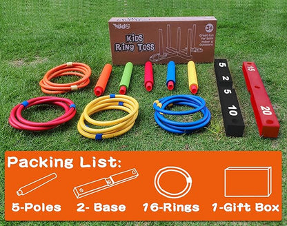 Ring Toss Game for Kids, Indoor & Outdoor Game for Family and Adults with 5 Poles, 2 Bases and 16 Rings in 4 Colors, Soft Foam Toy for Kids Backyard Ring Toss Fun