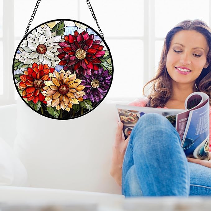 Stained Glass Window Hanging, Colorful Flowers Sun Catcher for Window Door Home Decor Plant Suncatcher Christmas Mother's Day Birthday Gifts for Women Men Mom and Nana 6.3 in