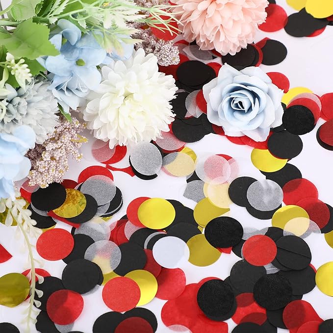 TecUnite Black White Red Gold Confetti Round Tissue Paper Table Confetti Dots for Wedding Birthday Party Decoration Arts Craft DIY Scrapbooking, 1.76 oz (2.5 cm)