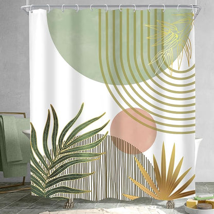 KOMLLEX Mid Century Boho Shower Curtain for Bathroom Decor Abstract Green Modern Minimalist Red Aesthetic Sun Arch Curve Leaves Geometric Neutral Fabric Waterproof Polyester 12 Pack Hook 60Wx72H
