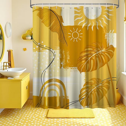 Extra Tall Shower Curtain XL Mustard Mid Century Modern, 70 x 96 in | for Extra Long 96 Inchs Shower, Yellow Abstract Pattern Design, Large Bathroom Decor Sets Waterproof Cloth Fabric, with Hooks