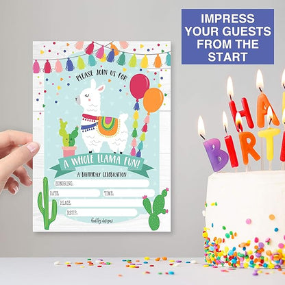 Hadley Designs Kids Birthday Invitations For Boys and Girls Mexican Theme - 25 Llama Birthday Party Invitations For Boys, Fiesta Invites For Girls, Cute Alpaca Cactus Party Supplies, Made In USA