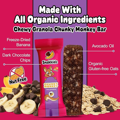 Snakkidz Organic Chewy Granola Bar, Allergen Free, Made with Avocado Oil, Low Sugar (45 Bars, Chunky Monkey)