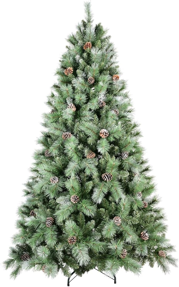 6FT Frosted Christmas Tree with 66 Pine Cone & Pine Needles, Premium Unlit Artificial Christmas Tree with 988 Branch Tips, Realistic Hinged Xmas Trees with Metal Stand for Holiday Decoration