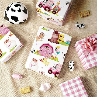 WERNNSAI Farm Animal Wrapping Paper - 1 roll 17” x 33 ft Pink Farm Gift Wrapping Paper for Kids Girls Birthday Baby Shower Animal Gift Wrap Barnyard Theme Party Favor Pink Plaid Design