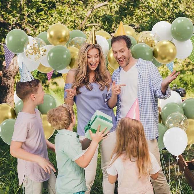 60pcs Sage Green & Metallic Gold Balloons - 12inch Olive Green White Metallic Gold Confetti Balloons for Boho Wedding, Baby Shower, Birthday Party Decoration
