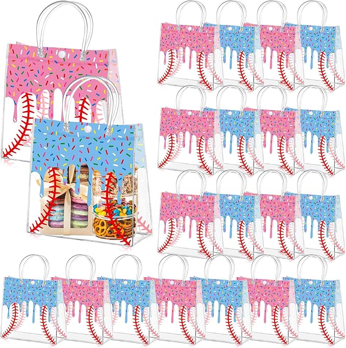 Abbylike 24 Pcs Drip Ice Cream Baseball Clear PVC Gift Bag with Handles Candy Gift Treat Bags for Birthday Game Celebration Sports Theme Party Decorations