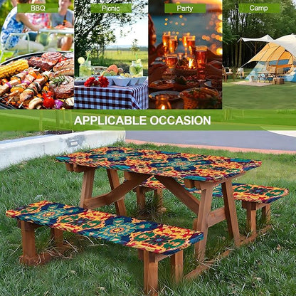 Ornate Geometric Picnic Table Cover with Bench Covers Set of 3-Multicolor Symmetrical Design,Elastic Fitted Tablecloth for 6 Ft Tables, Washable Polyester Cover for Camping, Indoor & Outdoor