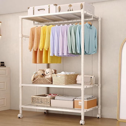 Rolling Clothes Rack, 3-Tier Adjustable Garment Rack with Hanging Rod and Side Hooks, Freestanding Clothing Rack with Wheels, Portable Clothes Rack for Bedroom, Laundry Room and Closet, White