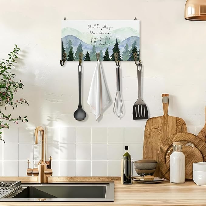 Rustic Cabin Mountain Decor Key Holder for Wall 10"x5.12", Mountain House Key Hanger Wall Mount, Of All the Paths You Take in Life Camp Wooden Hanging Keys Holder Decor for Entryway Front Door