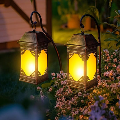 15.5" Solar Lanterns Outdoor Waterproof, Glass Flickering Flame Solar Lantern, Hanging Metal Lantern Decorative for Patio Front Porch Garden Backyard Tabletop Party Decoration