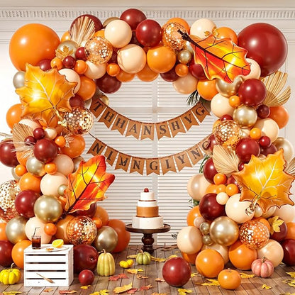 Orange Balloon Arch Kit, Thanksgiving Fall Balloons Garland with Leaf Foil Ballon Burgundy Burnt Orange Baloon for Autumn Birthday Hello Fall Shower Party Decorations