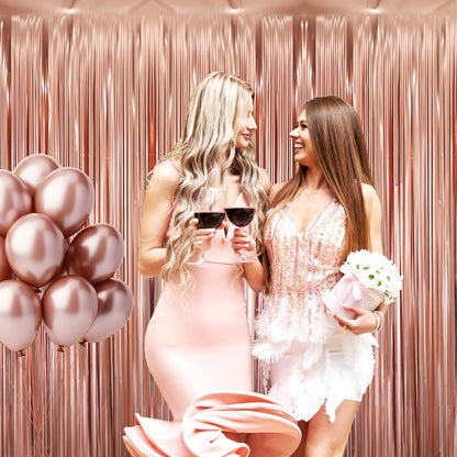 GOER 6.4 ft x 8.2 ft Metallic Tinsel Foil Fringe Curtains,Pack of 2 Party Streamer Backdrop for Birthday,Graduation Decorations and New Year Eve (Matte Rose Gold,Thick Material)
