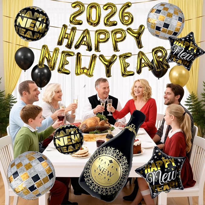 2026 Balloons, Giant 40in New Years Eve Balloon Kit for Happy New Year Decorations 2026, NYE Balloons, NYE Decorations, New Years Eve Party Supplies 2026