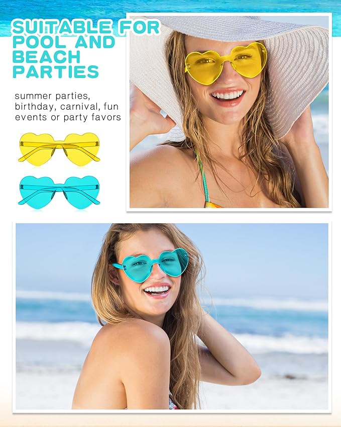 Kingdder 24 Pairs Heart Shaped Sunglasses Rimless Glasses Bulk Candy Color Tinted Eyewear Summer Party Favors
