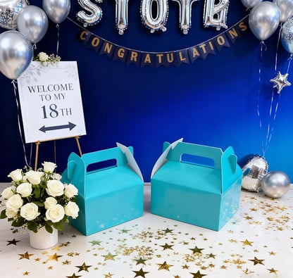 XAGLVV 24 Pack Shiny Teal Paper Gable Boxes,6.2 Inch Candy Boxes with Handle, Snack Party Favor& Gift Cookie bags for kids Birthday,Wedding, Baby Shower, Graduation.