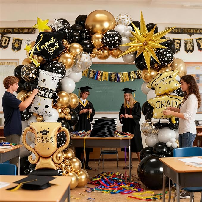 Graduation Balloon Arch Kit Black Gold White Grad Balloons with Explosion Star,Diploma,Trophy,Grad Hat Foil Balloon for Class of 2026 Graduates Celebration Party Decoration (Graduation Black)