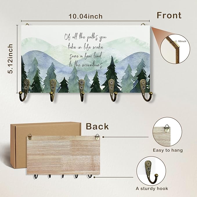 Rustic Cabin Mountain Decor Key Holder for Wall 10"x5.12", Mountain House Key Hanger Wall Mount, Of All the Paths You Take in Life Camp Wooden Hanging Keys Holder Decor for Entryway Front Door