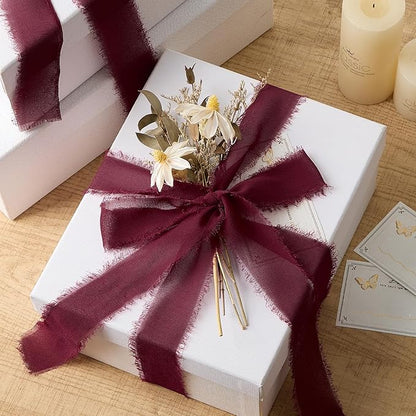 Burgundy Chiffon Ribbon 1.5" x 21 Yd Handmade Fringe Silk Chiffon Fabric Ribbon for Gift Wrapping Wedding Invitation Bridal Flower Bouquet DIY Crafts Home Decor