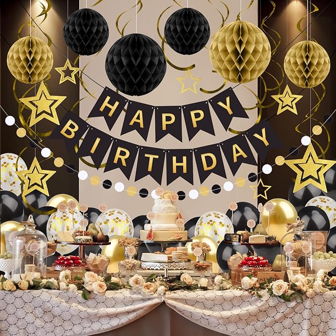 ZERODECO Black Gold Birthday Decorations, Easy to Assemble Happy Birthday Banner with Honeycomb Ball, Balloon, Hanging Swirl Streamer, Garland, Party Decorations for Women Men