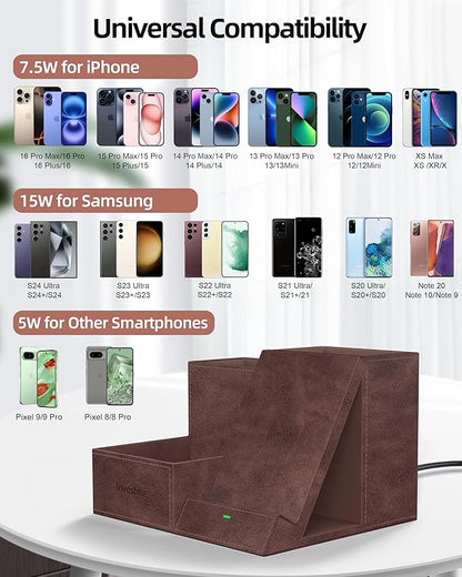 Wireless Charger with Desk Organizer, Pen Pencil Holder, Multifunctional Desktop Organizer, Office Supplies and Desk Accessories Organizer with 3 Compartments and 1 Phone Stand, Dark Brown