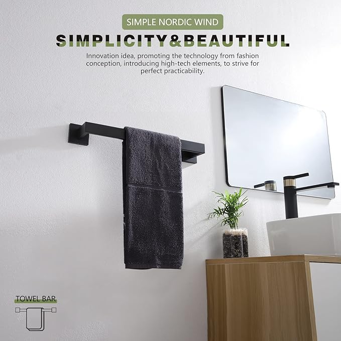 KOKOSIRI 16-Inch Single Towel Bar, Bathroom Kitchen Towel Holder, Wall Mounted SUS304 Stainless Steel Towel Rack, Matte Black, B4003BK-L16