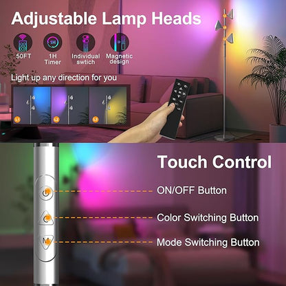 PARTPHONER RGB Tree Floor Lamp for Living Room, Stepless Dimmable Tall Standing Lamp with Remote, Touch Control and 3 Rotatable Light, Bright LED Lights for Bedroom with 4 Color-Changing, Sliver