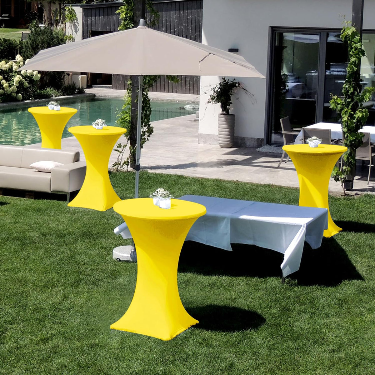 Cocktail Table Covers-Spandex Round High Top Table Cloths 6 Pack 32x43 Inch-Yellow Stretch Fitted Bar Tall Tablecloth for Pub Bistro Highboy Event Banquet Height Folding Satnding Tables