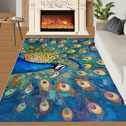 Peacock Rug Large - 6x8 Rug, Turquoise Teal Peafowl Washable Rugs for Living Room, Peafowl Decor Carpet, Modern Style Non-Slip Area Rugs for Bedroom, Aesthetics Carpet - Peafowl Home Decor & Gifts