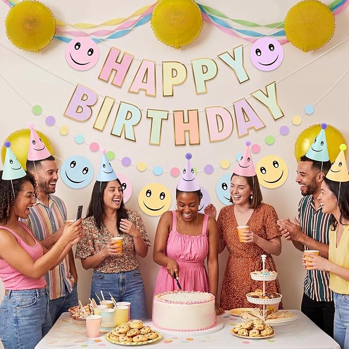 AmazingSpark 25 Pcs Smile Face Birthday Party Set Includes 24 Retro Smile Face Pattern Cone Hats with Pompoms and 1 Happy Birthday Banner for Parties Baby Shower Photo Props Decorations