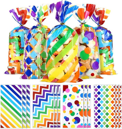 Kesote Rainbow Cellophane Treat Bags, 100 Pieces Printed Plastic Gift Goodie Candy Treat Bags with Ties for Summer Kids Birthday Party Favor Supplies