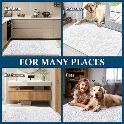 OLANLY Dog Door Mat for Muddy Paws 48x30, Absorbs Moisture and Dirt, Absorbent Non-Slip Washable Doormat, Quick Dry Chenille Mud Mat for Dogs, Entry Indoor Entryway Carpet for Inside Floor, White