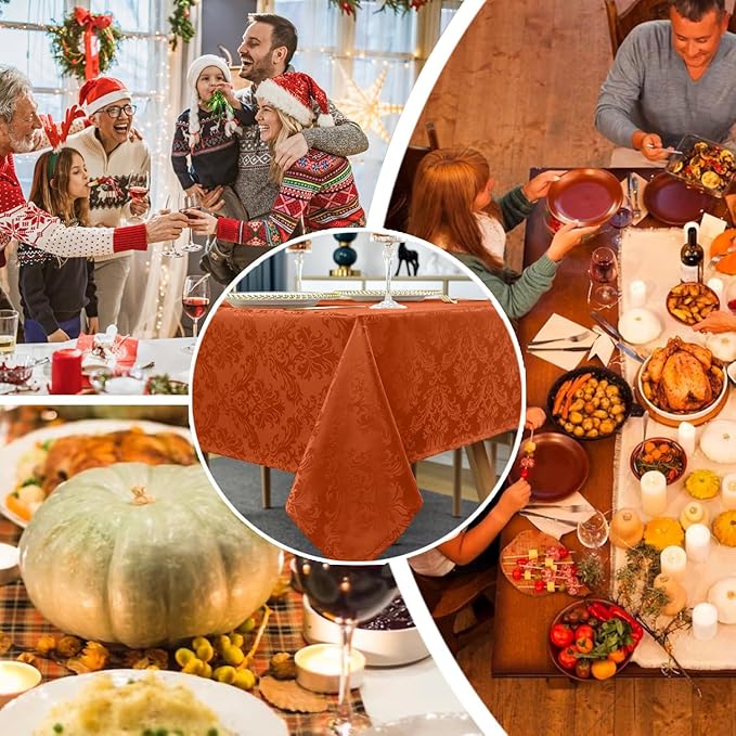 SASTYBALE Jacquard Rectangle Tablecloth, Rusty Spill-Proof Wrinkle Resistant Damask Table Cloth, Soft Polyester Oblong Table Cover for Kitchen Parties Thanksgiving - 60 x 102 Inch Rust