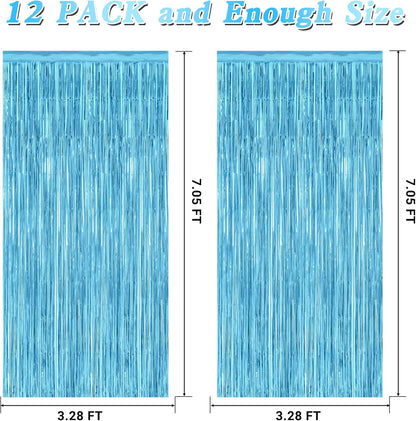 12 Pack Party Decorations, 3.28 FT x 7.05 FT Sky Blue Curtains, Metallic Party Streamers Photo Booth Backdrop Foil Fringe Curtains, Light Blue Winter Wonderland Backdrop Birthday Decor