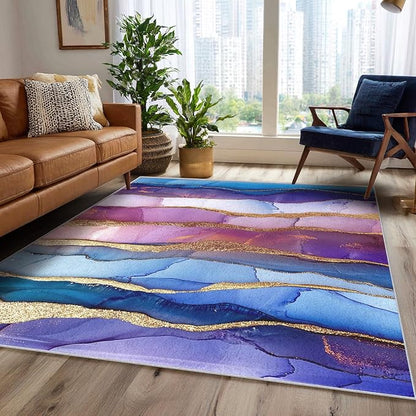 Irregular Marble Abstract Area Rug, Blue Purple Gold Pattern Carpet, Washable Non Slip Low Pile Soft Thin, Living Room Bedroom Home Decor Mat 4x6ft
