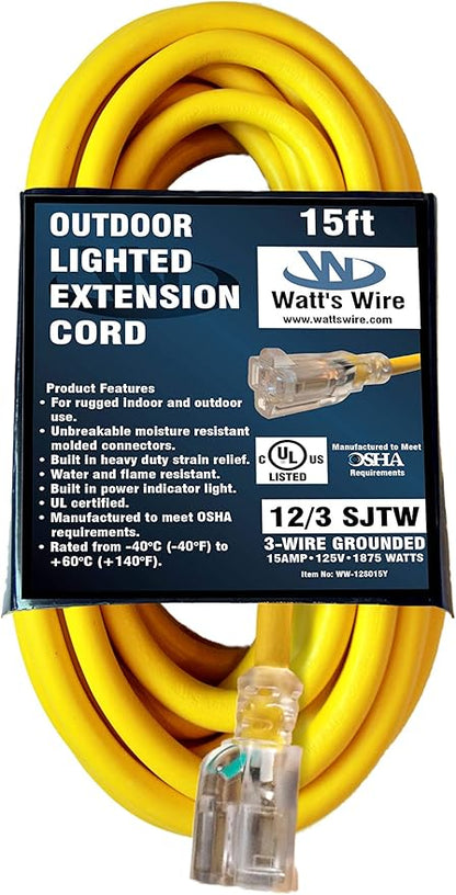 15 ft Outdoor Extension Cord Waterproof - 12 Gauge Heavy Duty Extension Cord 15 ft - Lighted Outdoor Extension Cords - Watts Wire - 15' Grounded - extensiones electricas