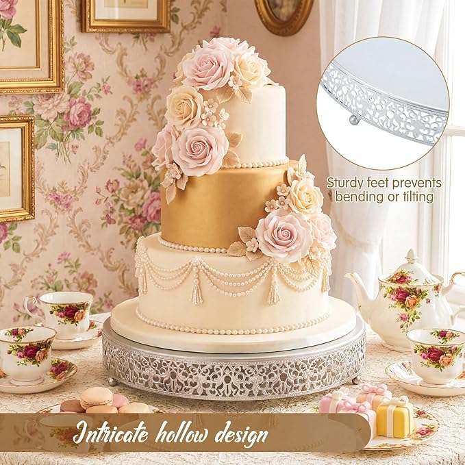 Wenqik 16 Inch Silver Cake Stand Set Metal Round Cupcake Dessert Stand with Cake Cutting, Spatula Wedding Cupcake Pastry Display Candy Holder Display for Wedding Party Birthday Baby Shower(Classic)